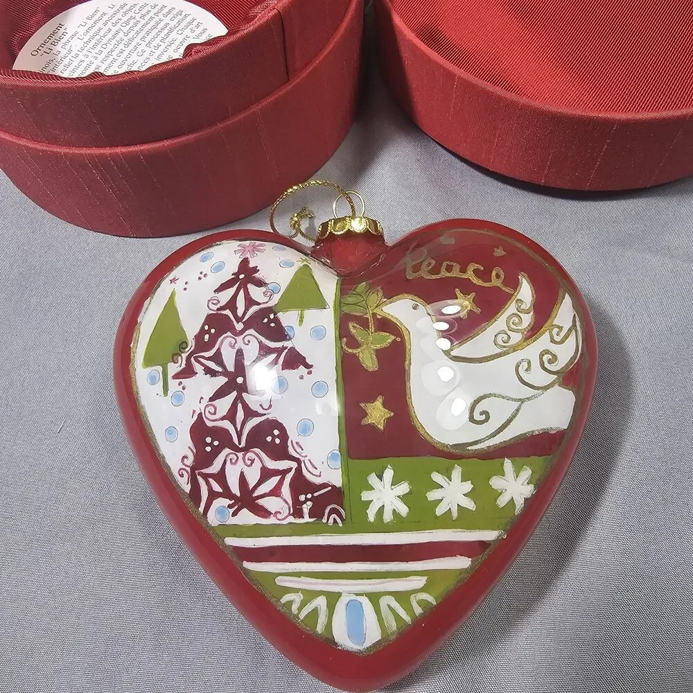 Pier 1 Li Bien 2012 Glass Heart Christmas Ornament Peace Love Dove Red Box Tag